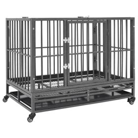Dog Cage Black and Silver Steel Medium Lockable Wheels Dog Cage