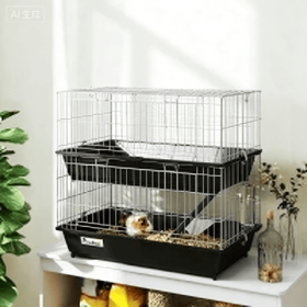 PawHut 2-Tier Small Animal Cage With 2 Doors, Trays, Dish, Bottle, And Ramp For Bunny, Ferret, Chinchilla, Black (Option: Black Gray)
